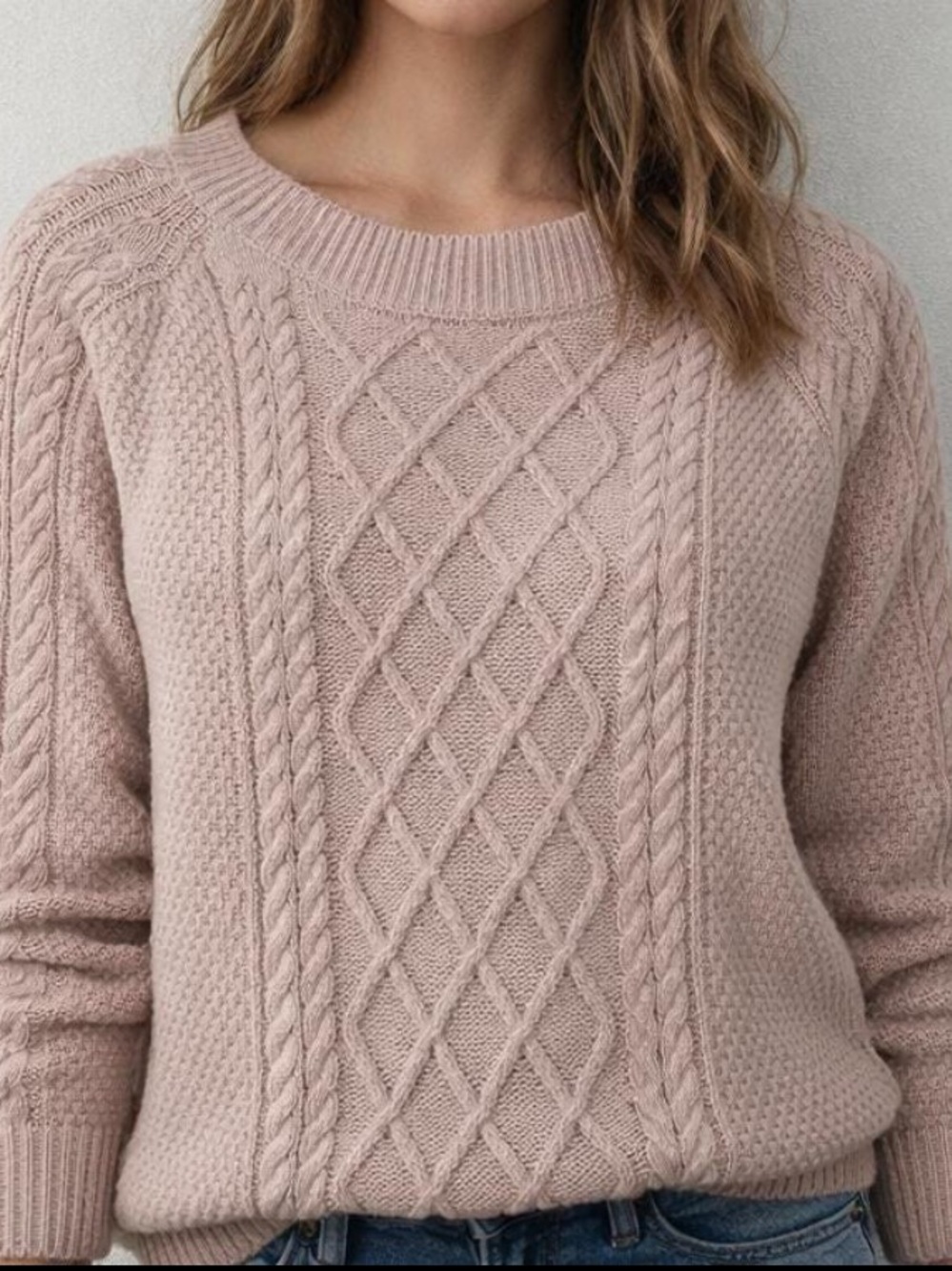 Cable Knit Crewneck Sweater in Dusty Pink - M NWT